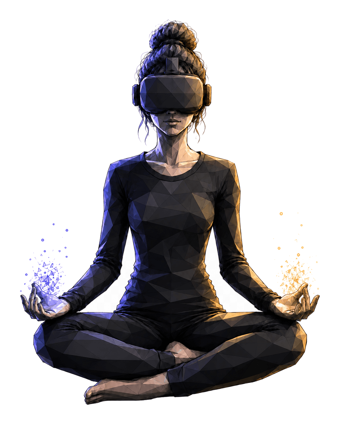 Low-poly illustration of a meditating woman wearing a VR headset