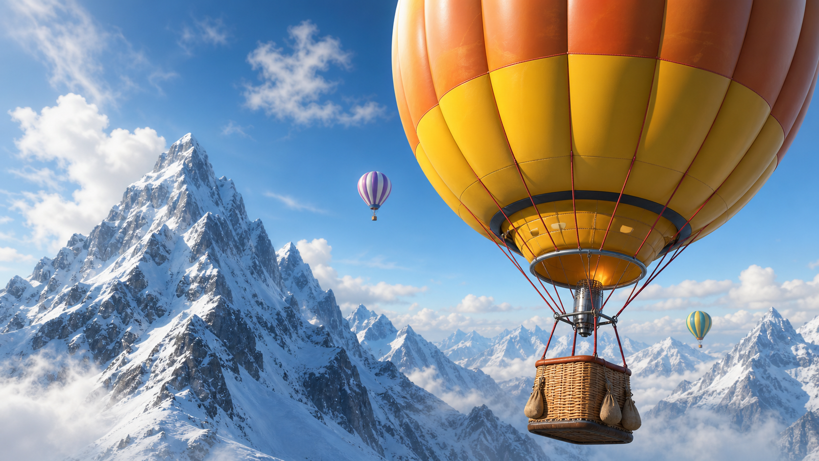 Hot air balloon flight through a snowy mountain landscape